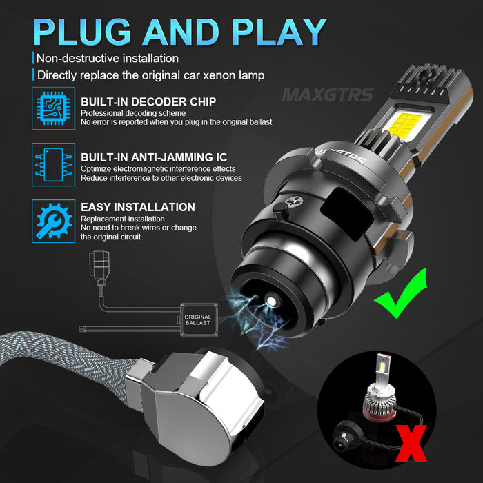 2x D1 D2 D3 D4S LED Headlight Bulbs 6000K White Conversion Kit Plug and Play HID Xenon Light Replacement CANBUS Error Free