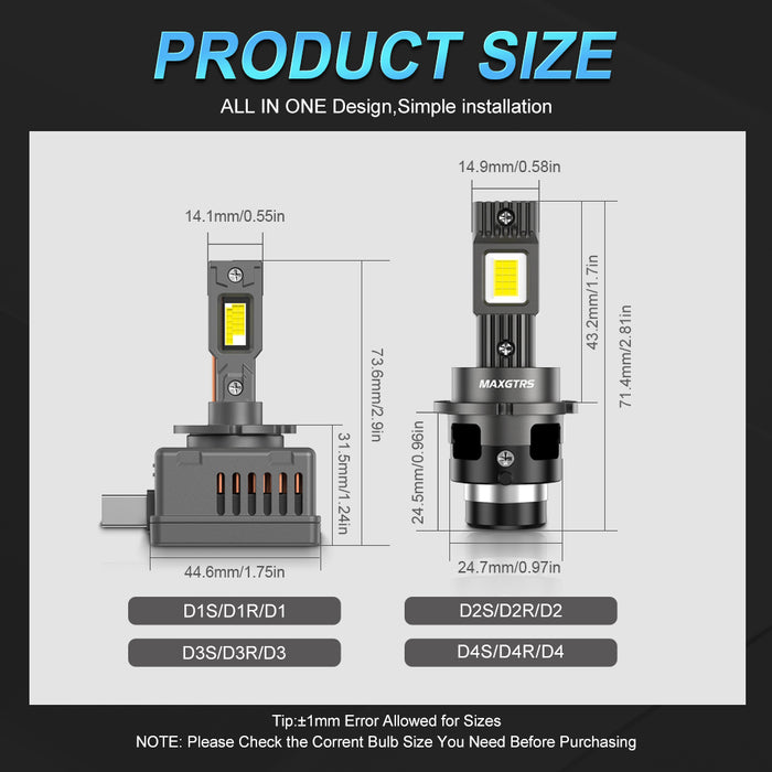 2x D1 D2 D3 D4S LED Headlight Bulbs 6000K White Conversion Kit Plug and Play HID Xenon Light Replacement CANBUS Error Free