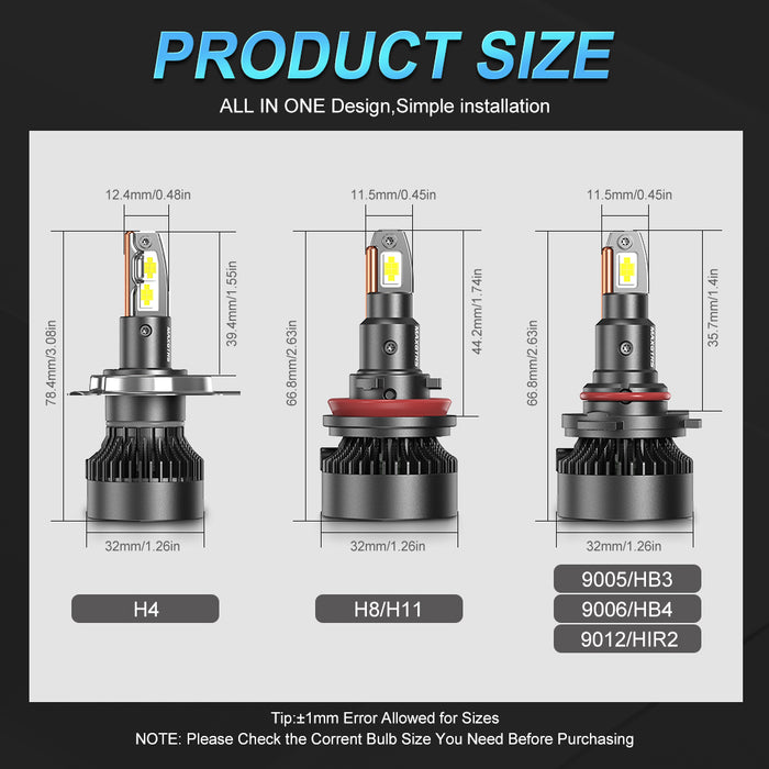 2x V3F Series H1 H4 H7 H8 H11 9006 9005 HB3 LED Headlight Bulbs Canbus 28000LM 130W MINI Size White LED High Low Beam With Fan