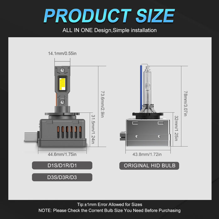 2x D1 D2 D3 D4S LED Headlight Bulbs 6000K White Conversion Kit Plug and Play HID Xenon Light Replacement CANBUS Error Free