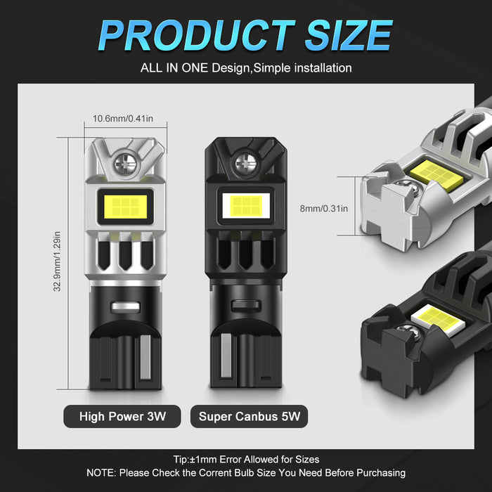 2xT10 LED W5W 5W Car Side Interior lights 12V Super Bright Bulb 5530 Chips 194 168 Auto White 6000K Parking Marker Dome Lamps