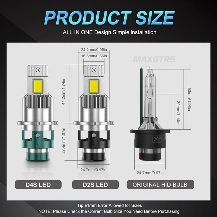 2x D2S D4S 1:1 LED Headlights HID D2R D4R Kit Xeon LED 20000LM 45W High and Low Beam Large CSP Chip 6500K