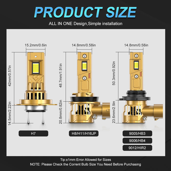 2X 30000LM H7 H11 H8 H9 LED Headlight Bulbs 6500K White Gold 9006 HB4 9012 LED Front High Low Beam 9005/HB3 With Cooling Fan