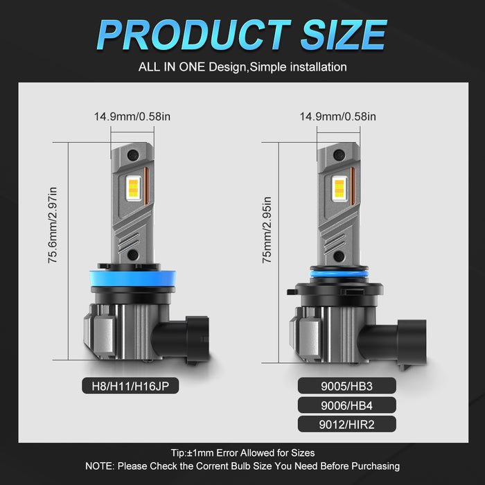 2x 18000LM H11 H8 H9 LED Headlight Bulbs Fanless 6500K White 9005 HB3 Fog Beam 9006 HB4 Double Colors Light Driving Lamp