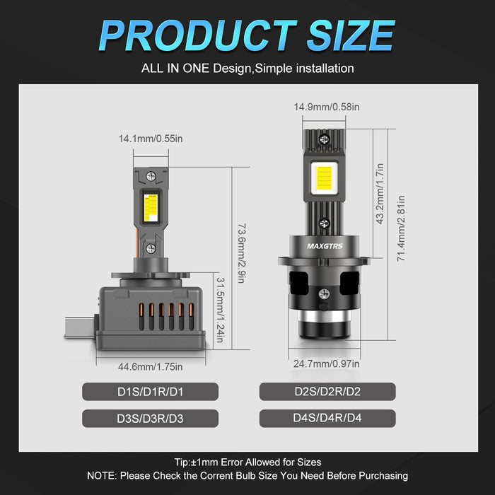 2x D1 D2 D3 D4S LED Headlight Bulbs 6000K White Conversion Kit Plug and Play HID Xenon Light Replacement CANBUS Error Free