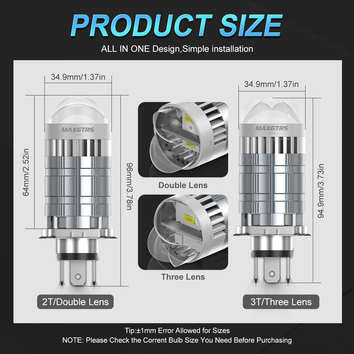 1× Super Bright H4 LED Headlight Bulb Projector Double Lens 55W 6000K Canbus Hi/Lo Car Motorcycle Headlamp with Turbo Fans 12V