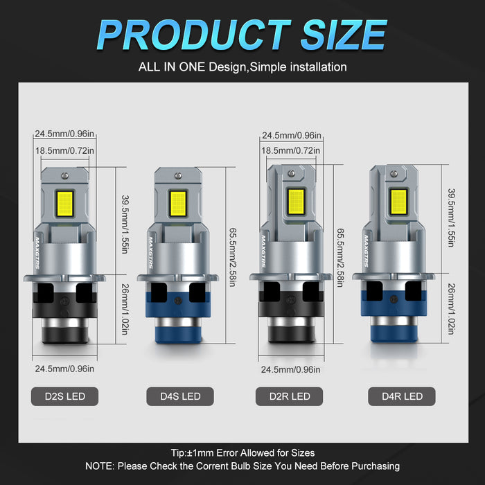 2x D4S D4R D2R D2S LED Headlight Bulbs 6000K White Conversion Kit Plug and Play HID Xenon Light Replacement CANBUS Error Free