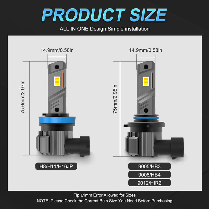 2x 18000LM H11 H8 H9 LED Headlight Bulbs Fanless 6500K White 9005 HB3 Fog Beam 9006 HB4 Double Colors Light Driving Lamp