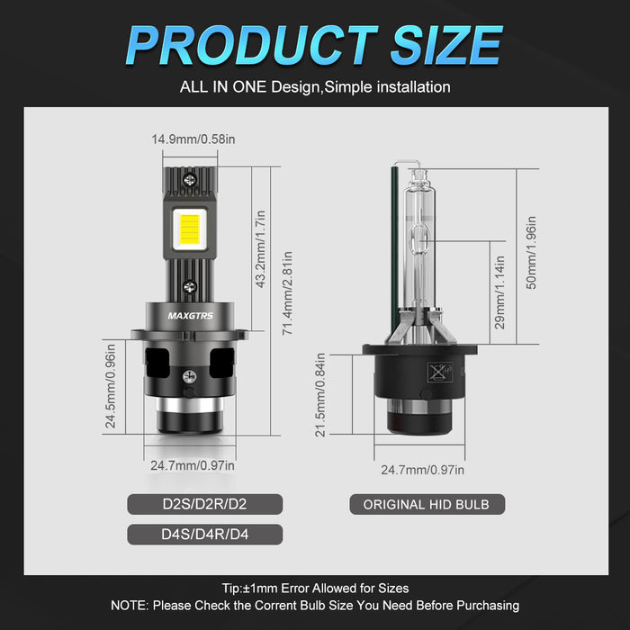 2x D1 D2 D3 D4S LED Headlight Bulbs 6000K White Conversion Kit Plug and Play HID Xenon Light Replacement CANBUS Error Free