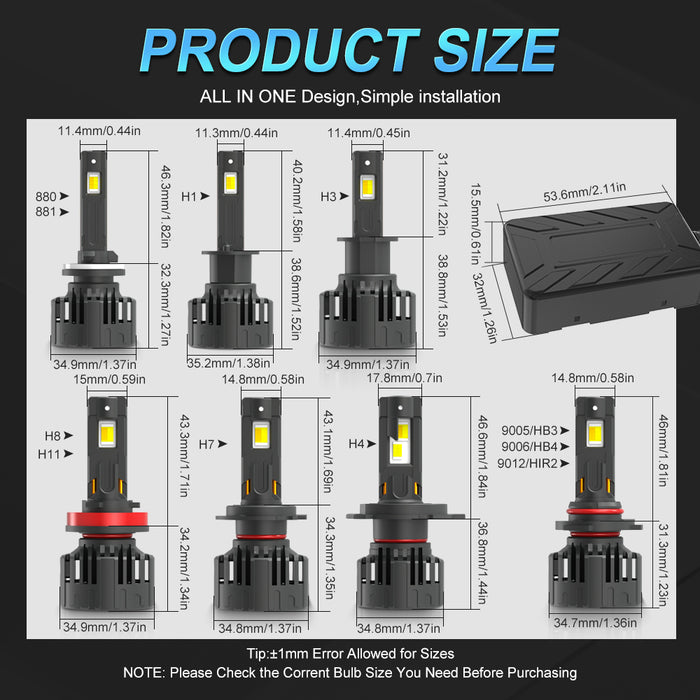 2× APP Control H8 Car Headlight Bulbs H4 Turbo Headlight H11 9005 HB3 9006 HB4 H7 H1 LED Strobe Flash Mode 3000K 4300K 6000K