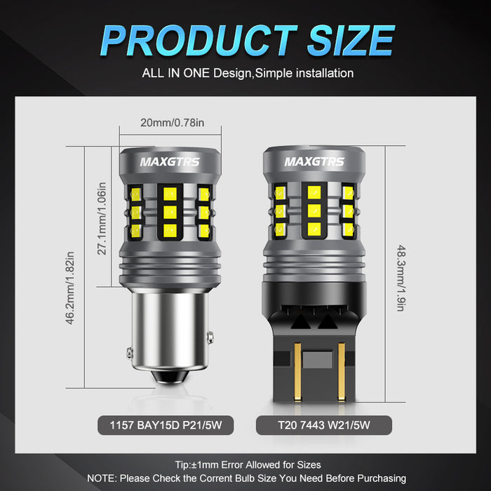 2x T20 LED Light CANBUS 1157 BAY15D P21/5W 7443 W21/5W LED Bulb No Error Daytime Running Light DRL Brake Reverse Lamp 12V