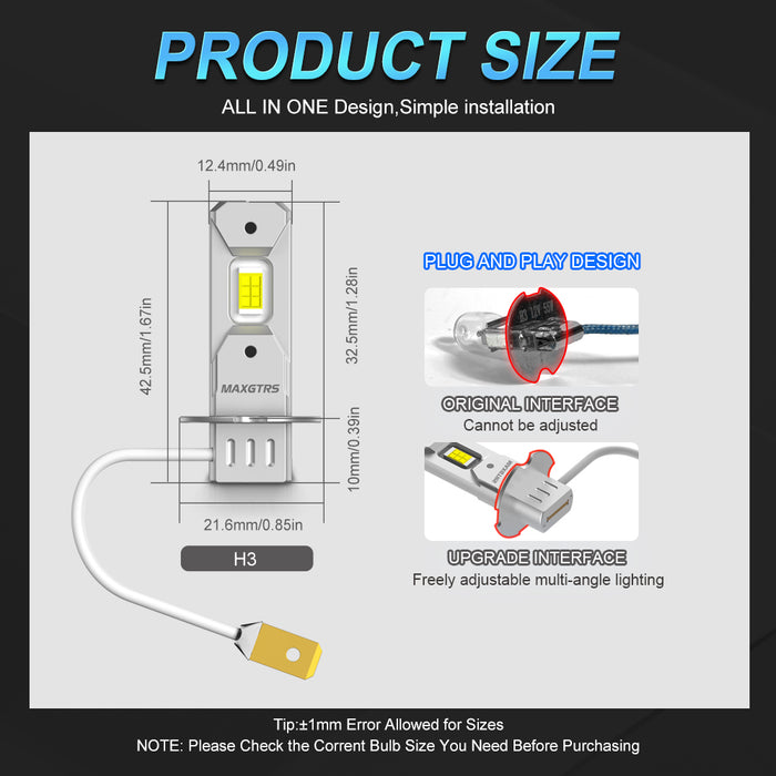 2× H3 LED Headlight Bulb Canbus No Fan High Beam 6500K White Yellow Car LED Fog Light Driving Lamp DRL 12V Mini Design