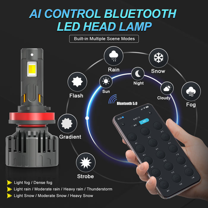 2× APP Control H8 Car Headlight Bulbs H4 Turbo Headlight H11 9005 HB3 9006 HB4 H7 H1 LED Strobe Flash Mode 3000K 4300K 6000K