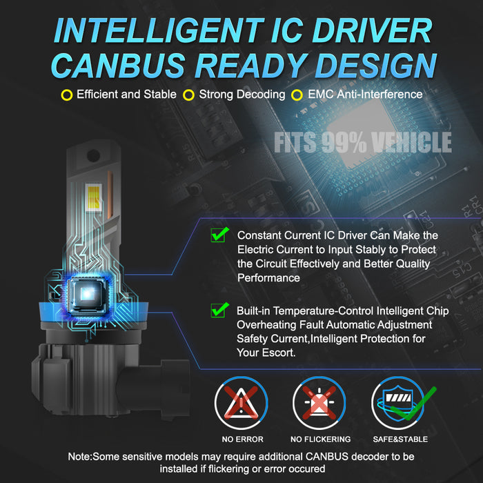 2x 18000LM H11 H8 H9 LED Headlight Bulbs Fanless 6500K White 9005 HB3 Fog Beam 9006 HB4 Double Colors Light Driving Lamp