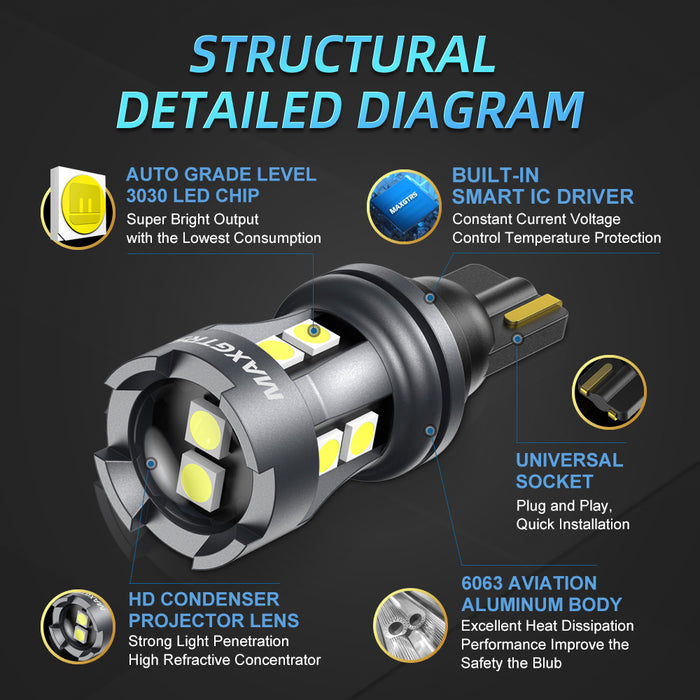 2Pcs T15 LED Bulb W16W LED Tail Lamp Canbus No Error 3030 10-SMD 912 921 LED Lights 12V Car Backup Reverse Light 2000LM 6000K