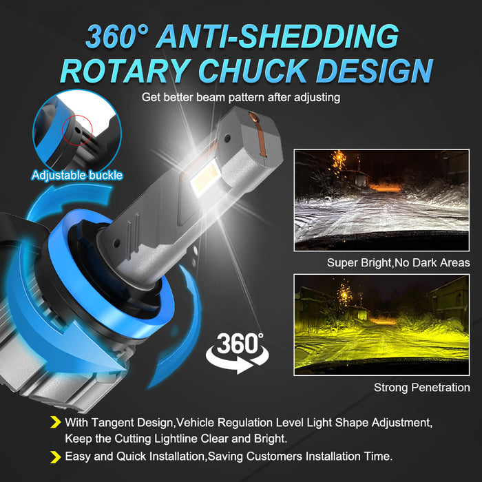 2x 18000LM H11 H8 H9 LED Headlight Bulbs Fanless 6500K White 9005 HB3 Fog Beam 9006 HB4 Double Colors Light Driving Lamp