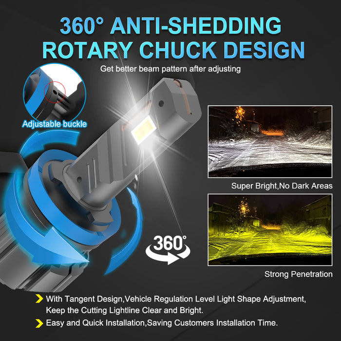 2x 18000LM H11 H8 H9 LED Headlight Bulbs Fanless 6500K White 9005 HB3 Fog Beam 9006 HB4 Double Colors Light Driving Lamp