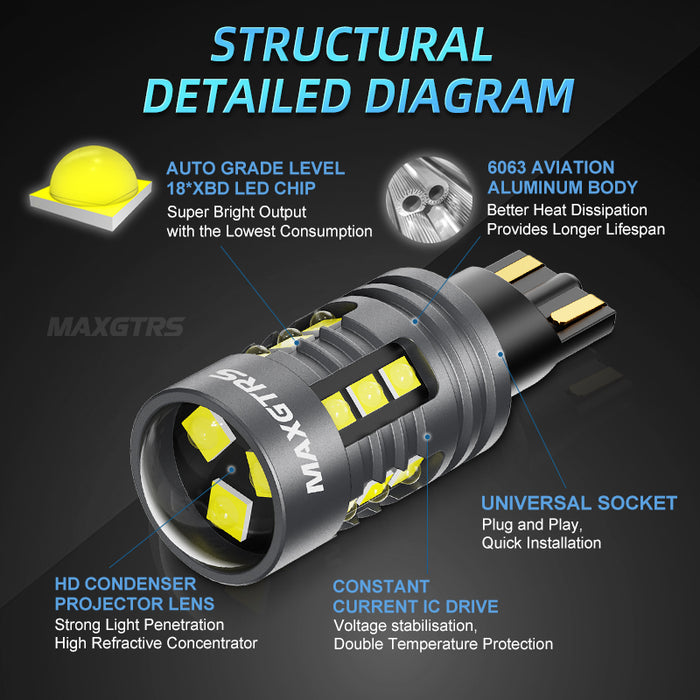 2x T15 LED Bulb W16W LED Lamp Canbus No Error XBD 18-SMD 912 921 LED Lights 12V Car Backup Reverse Light 3000LM 6000K