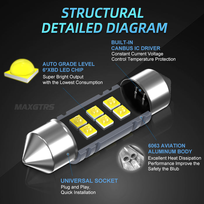 2x Festoon C5W C10W XBD Chip Bulb Canbus 31mm/36mm/39mm/41mm Car LED Lamp Interior Dome Reading License Plate Lights 6000K